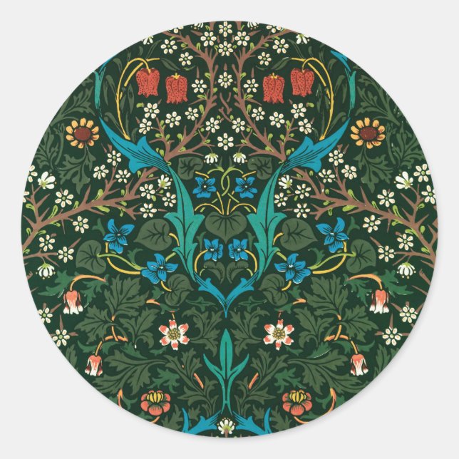 Pegatina Redonda Tulipán, famoso patrón de William Morris, (Anverso)