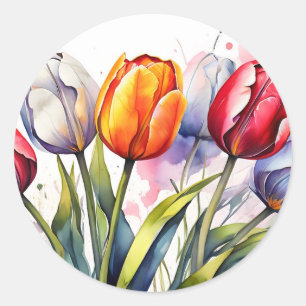 Pegatina Redonda Tulipán moderno negrita acuarela