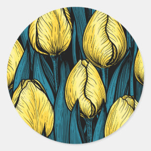 Pegatina Redonda Tulipanes amarillos con hojas azules