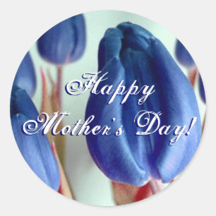 Pegatina Redonda Tulipanes azules felices del día de madre