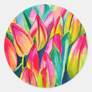 Pegatina Redonda Tulipanes de acuarela rosa arte