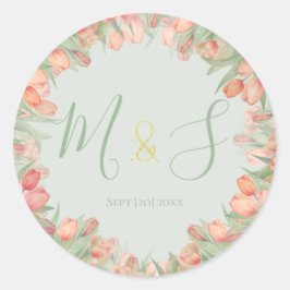 Pegatina Redonda Tulipanes de manantial rosado y de menta de color