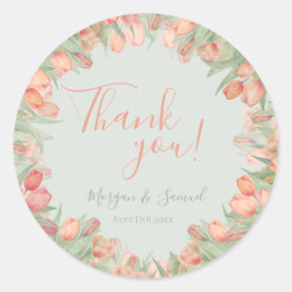 Pegatina Redonda Tulipanes de primavera de color rosa melocotón y m