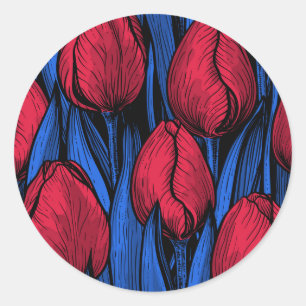 Pegatina Redonda Tulipanes en rojo y azul