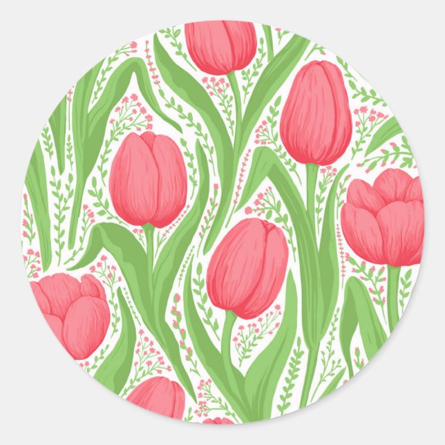 Pegatina Redonda Tulipanes en rojo y verde (Anverso)