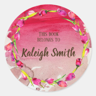 Pegatina Redonda Tulipanes rosados púrpura en nombre de libro de ac