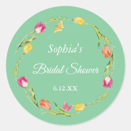Pegatina Redonda Tulipanes y mariposas Ducha verde de novia