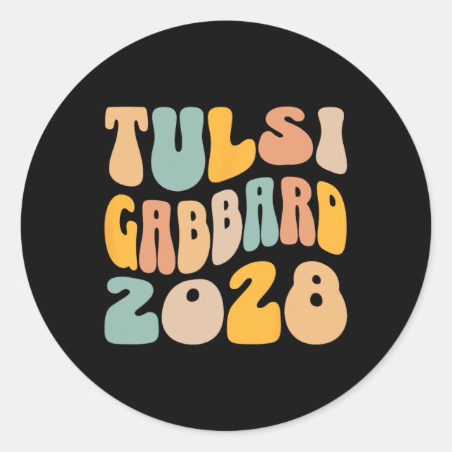 Pegatina Redonda Tulsi Gabrd 2028 For President Wavy Groovy Electio (Anverso)