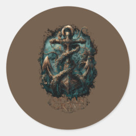 Pegatina Redonda Tumba Oceánica Kraken Ancla Fantasía Oscura