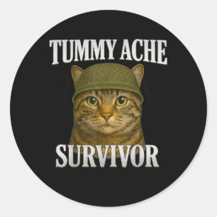 Pegatina Redonda Tummy Ache Survivor Cat Meme Gracioso Gatito Regal