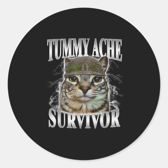 Pegatina Redonda Tummy Ache Survivor Funny Cat Meme  (Anverso)