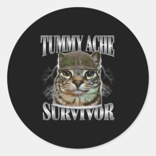 Pegatina Redonda Tummy Ache Survivor Funny Cat Meme Sarcástica Cita