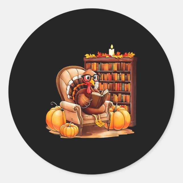 Pegatina Redonda Turkey Reading Books Fall Thanksgiving Teacher Boo (Anverso)