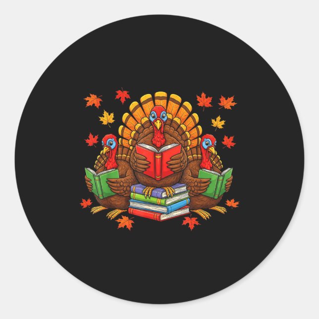 Pegatina Redonda Turkey Reading Books Teacher Fall Thanksgiving Boo (Anverso)