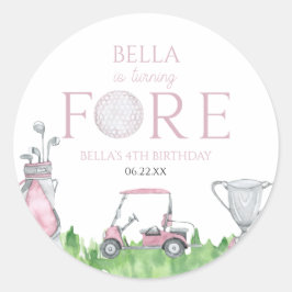 Pegatina Redonda Turning Fore Pink Golf cuarto Fiesta de cumpleaños