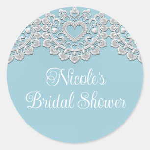 Pegatina Redonda Turquesa Azul Blanco Encaje Corazón Boda Bridal