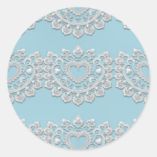 Pegatina Redonda Turquesa Azul Blanco Encaje Corazón Boda Bridal