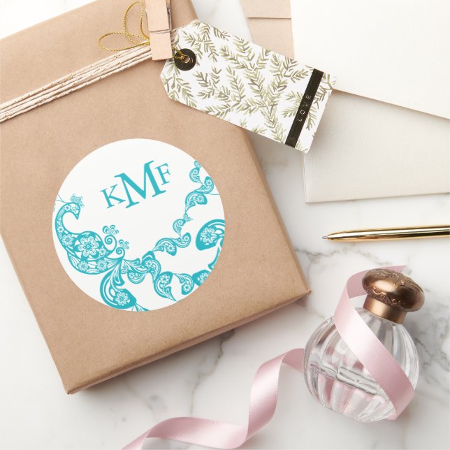 Pegatina Redonda Turquesa Floral Paisley Peacock Wedding Favor (Regalar)