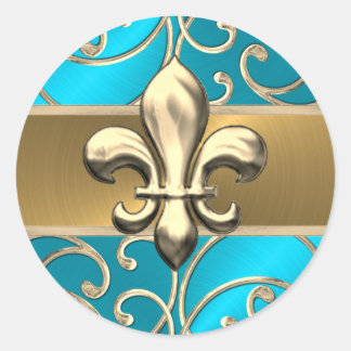 Pegatina Redonda Turquesa y Gold Filigree Swirls Fleur de Lis