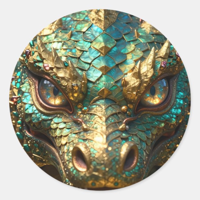 Pegatina Redonda Turquoise and Gold Dragon  (Anverso)