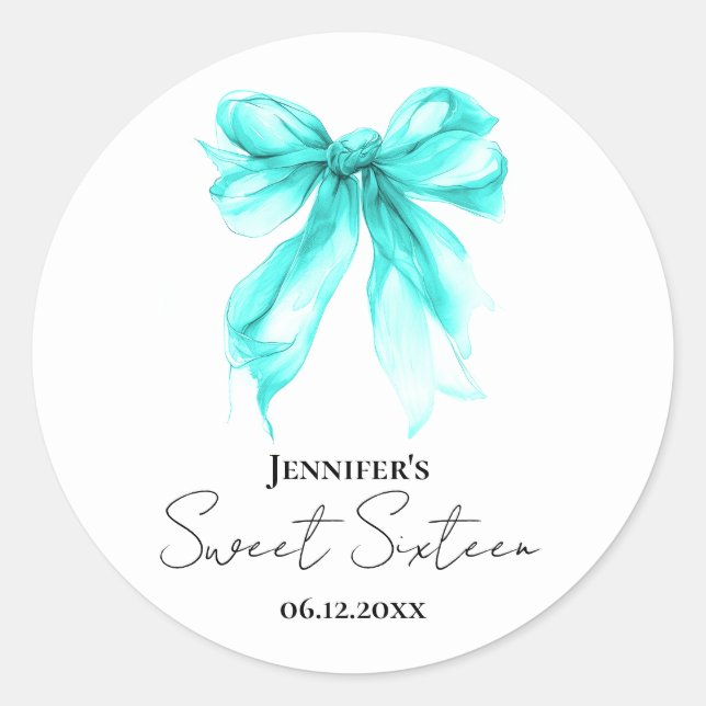Pegatina Redonda Turquoise Bow Coquette Script Sweet 16 Party  (Anverso)