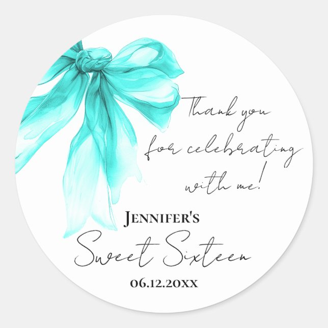 Pegatina Redonda Turquoise Bow Coquette Script Sweet 16 Thank You  (Anverso)