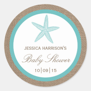 Pegatina Redonda Turquoise Starfish Burlap Beach Baby Shower