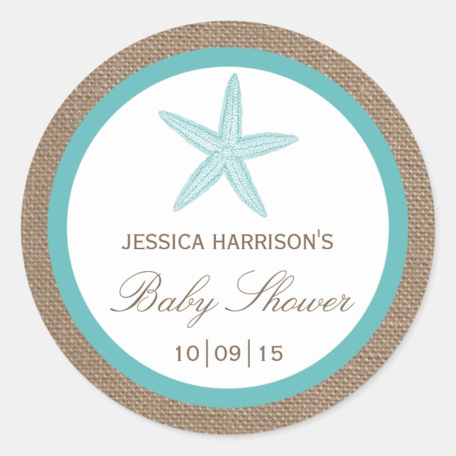 Pegatina Redonda Turquoise Starfish Burlap Beach Baby Shower (Anverso)