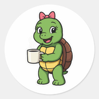Pegatina Redonda Turtle drinking coffee