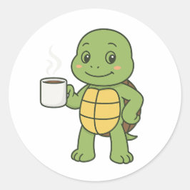 Pegatina Redonda Turtle drinking coffee
