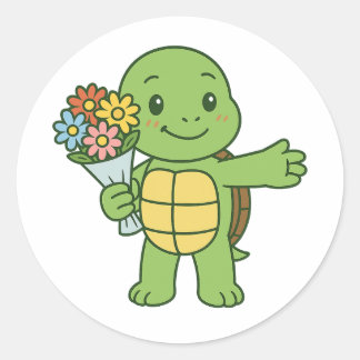 Pegatina Redonda Turtle holding a bouquet of flower
