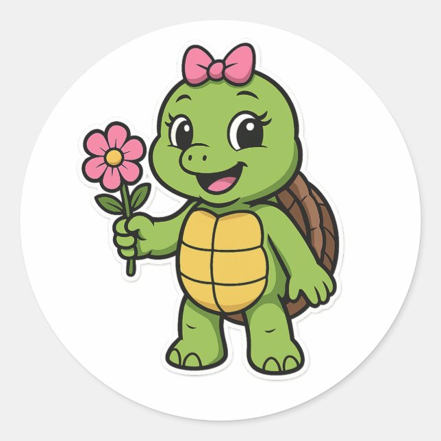 Pegatina Redonda Turtle holding a flower (Anverso)