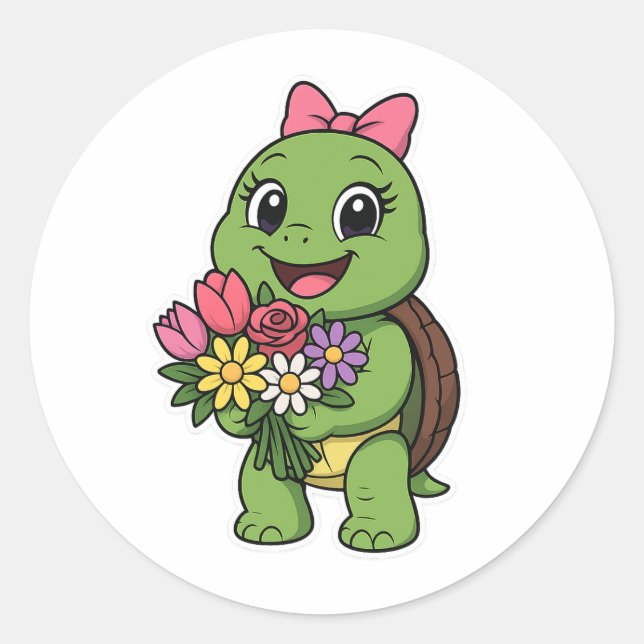 Pegatina Redonda Turtle holding a flowers (Anverso)