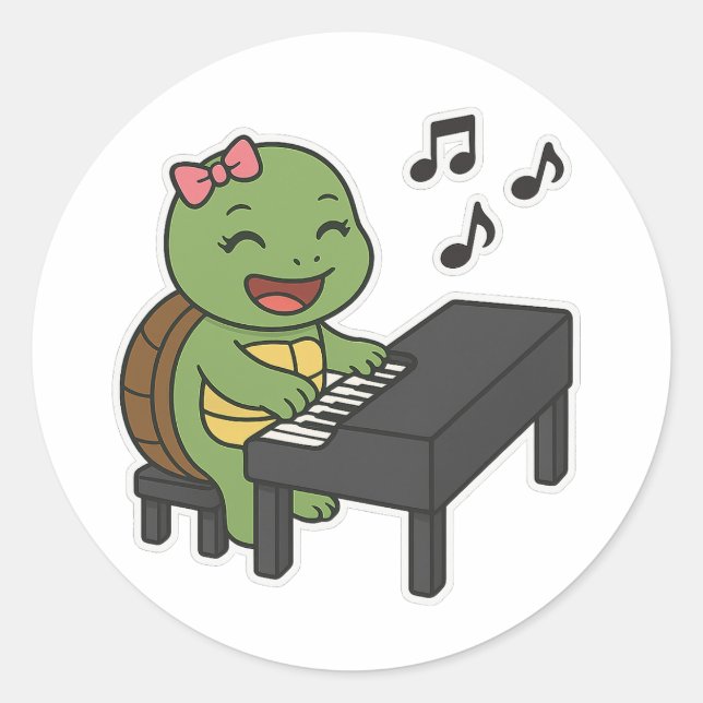 Pegatina Redonda Turtle playing on a piano (Anverso)