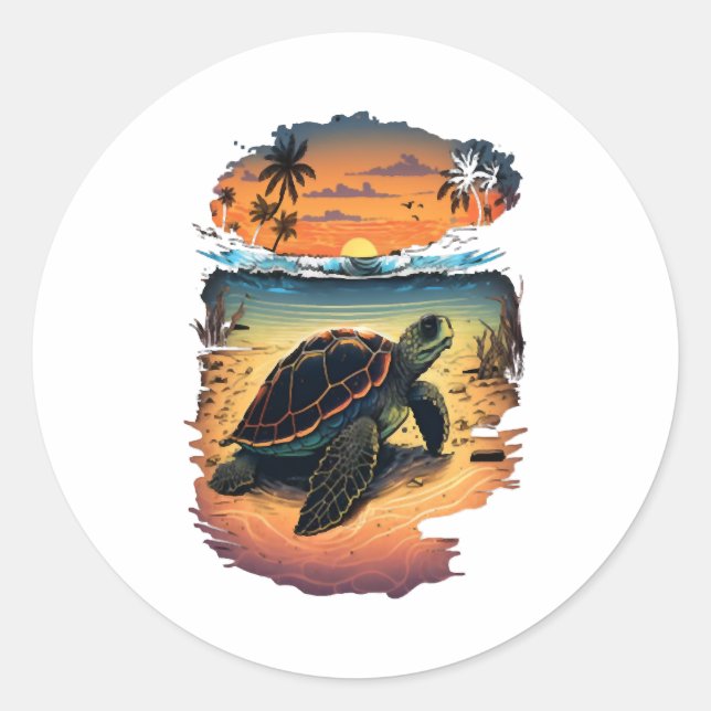 Pegatina Redonda Turtle Sea Ocean Seside Tropical Beach Sunset (Anverso)