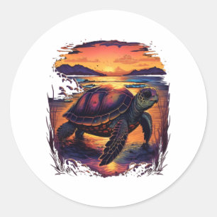 Pegatina Redonda Turtle Sea Ocean Seside Tropical Beach Sunset