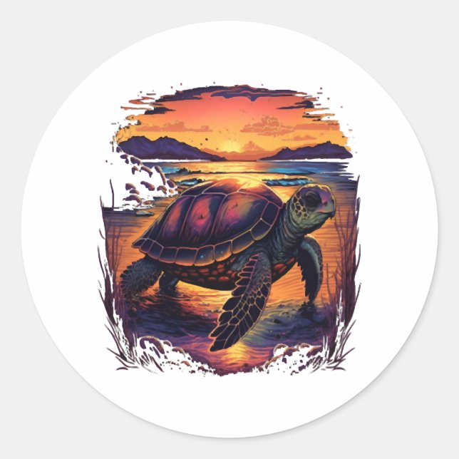 Pegatina Redonda Turtle Sea Ocean Seside Tropical Beach Sunset (Anverso)