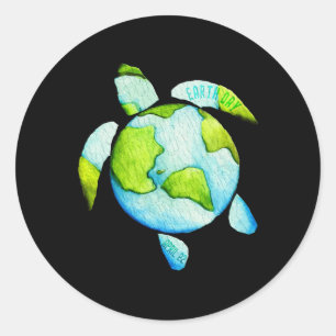 Pegatina Redonda Turtle Sea Turtle Planet 22 de abril Día de la Tie