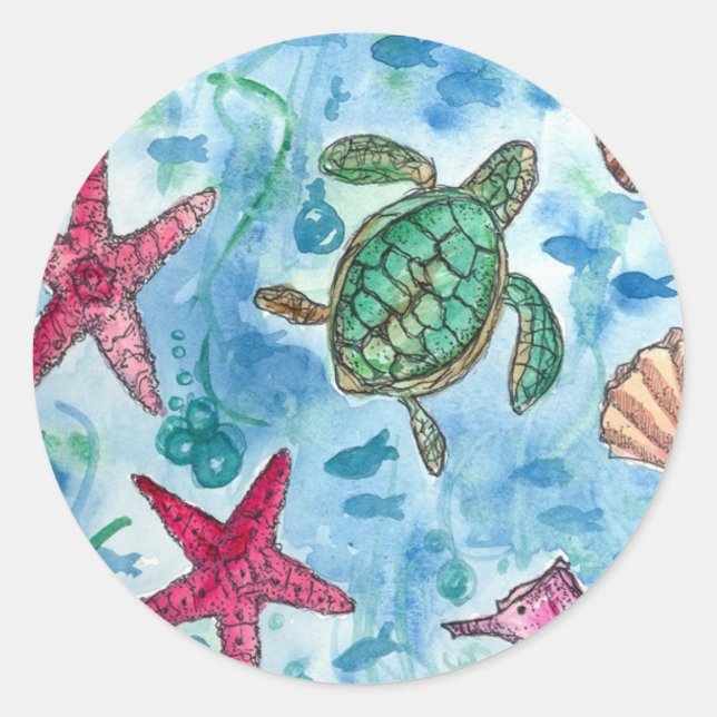 Pegatina Redonda Turtle Starfish Shells Sea Creature Watercolor (Anverso)