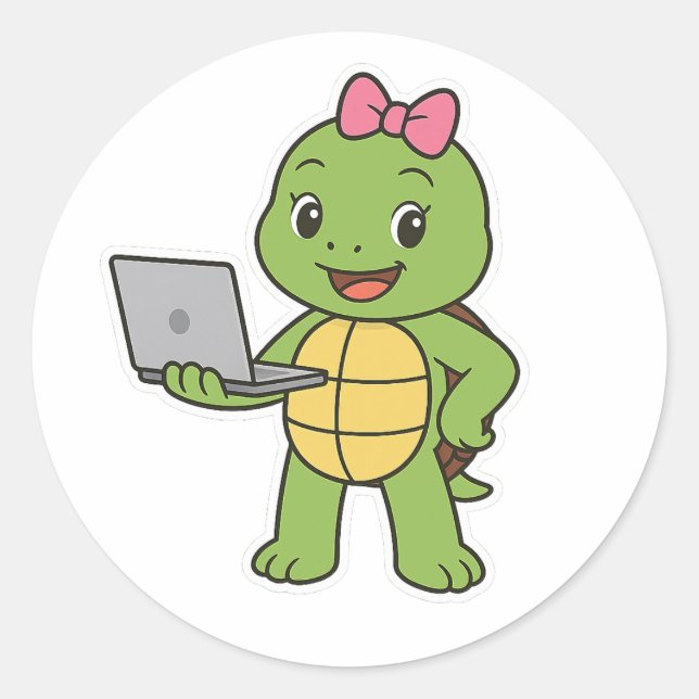 Pegatina Redonda Turtle working on a laptop (Anverso)