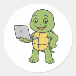 Pegatina Redonda Turtle working on laptop