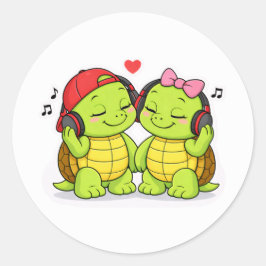 Pegatina Redonda Turtles enjoying music together