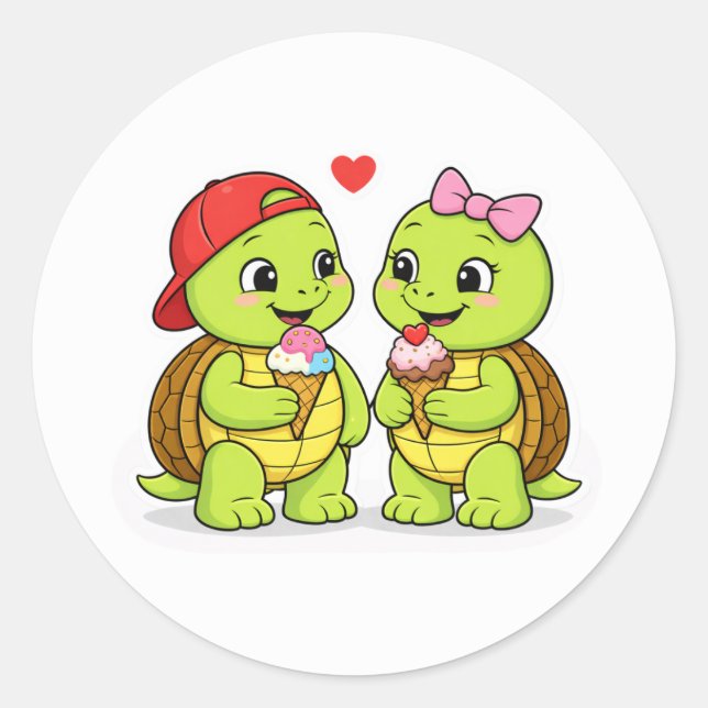 Pegatina Redonda Turtles sharing ice cream and love (Anverso)