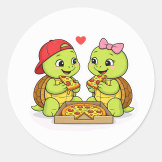 Pegatina Redonda Turtles sharing pizza and smiles