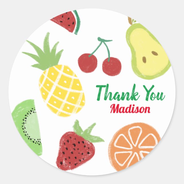 Pegatina Redonda Tutti frutti Fresco Ducha de cumpleaños de verano (Anverso)