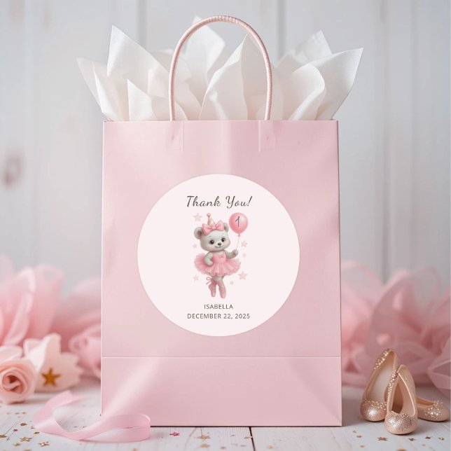 Pegatina Redonda Tutu Cute Ballerina Bear Primer Cumpleaños Gracias (Subido por el creador)