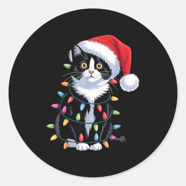 Pegatina Redonda Tuxedo Cat Meow Santa Tuxie Christmas Tree  (Anverso)