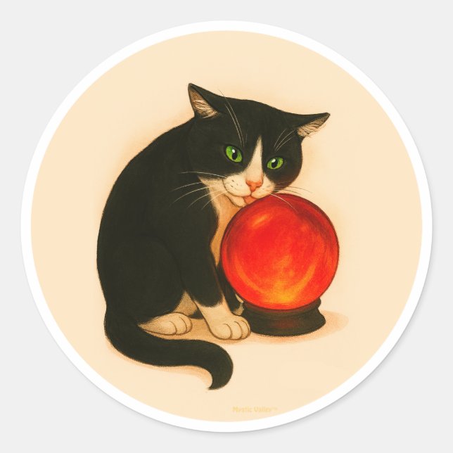 Pegatina Redonda Tuxedo cat with red crystal ball (Anverso)