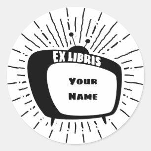 Pegatina Redonda Tv estilo atómico Ex Libris Bookplate (negro)