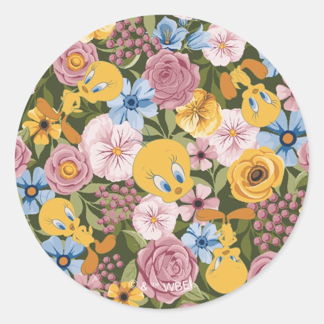 Pegatina Redonda TWEETY™ Floral Embroidery Pattern (Anverso)